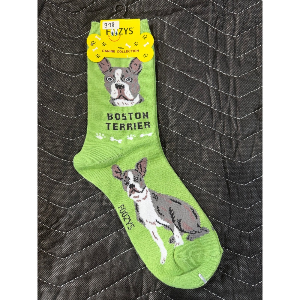 Foozys Boston Terrier Socks Womens 9-11 Green NWT Canine Collection Novelty Crew